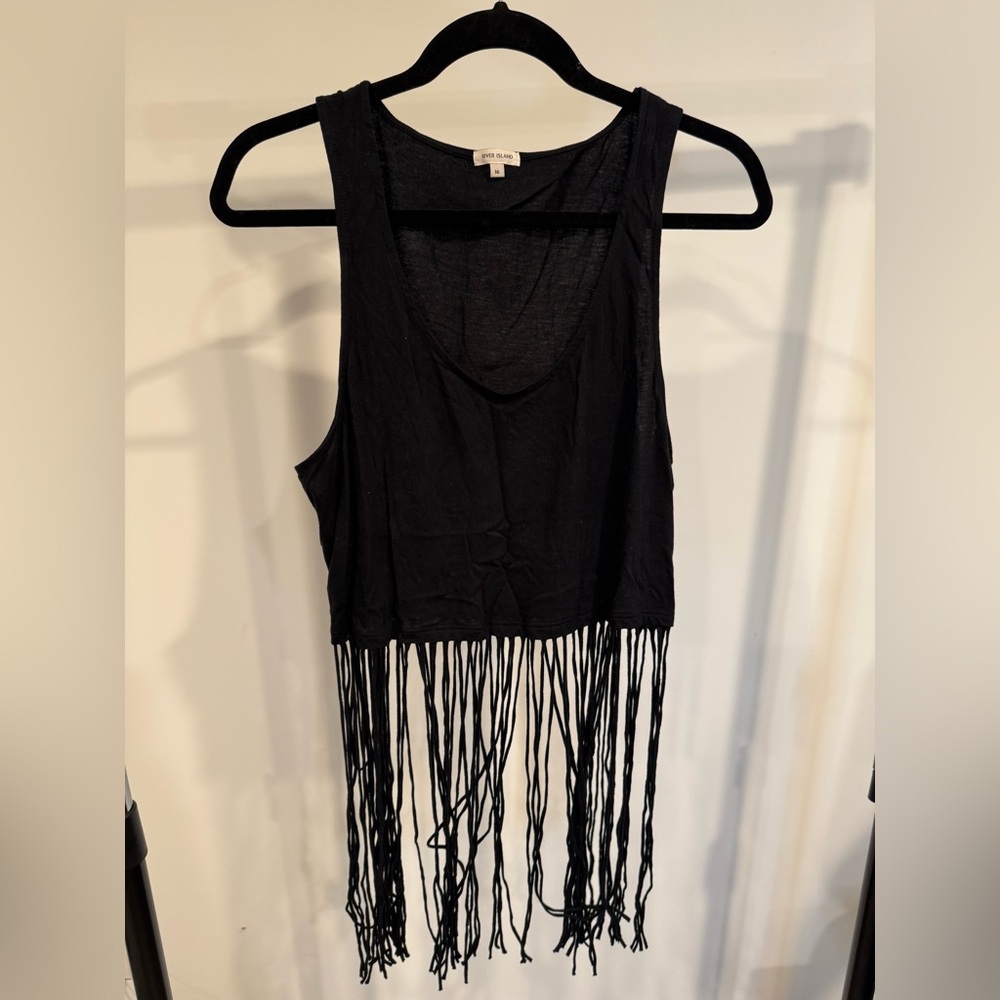 River Island Black Cut Out Crop Tank Top with tassels